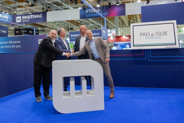 Dino Chece (VP, Slicing Business Unit, Provisur), Christian Traumann (CEO, Multivac), Brian Perkins (president, Provisur), Dr. Tobias Richter (CSO, Multivac) at the co-operation agreement signing ceremony.