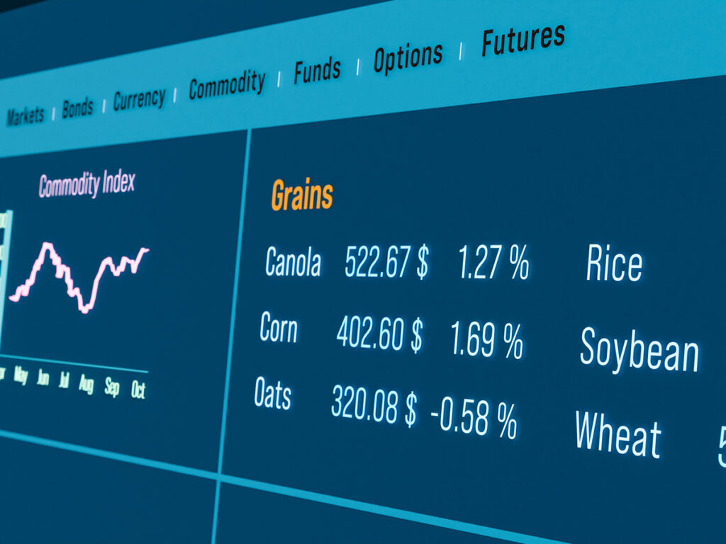 A stock photo of a commodities market information screen showing line graph and values for various commodities, like canola, corn and oats.