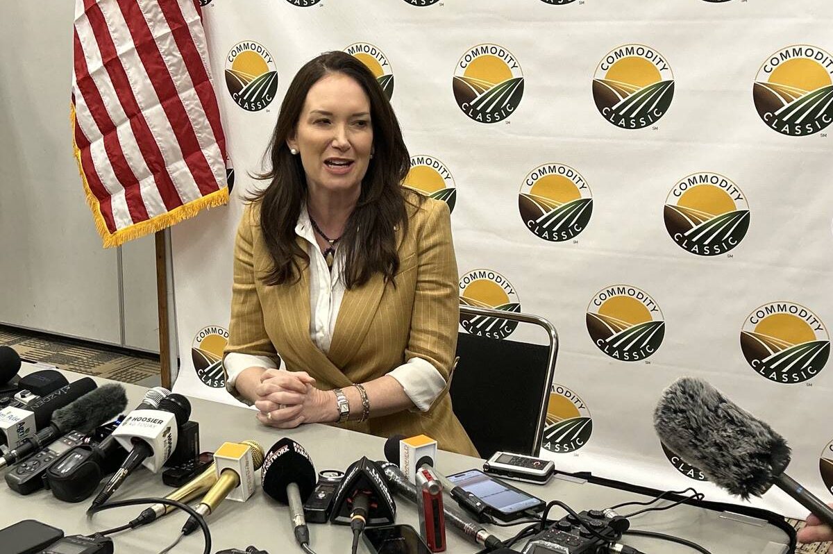 FILE PHOTO – U.S. agriculture secretary Brooke Rollins speaks to the media at the Commodity Classic in Denver. Photo: Robert Arnason
