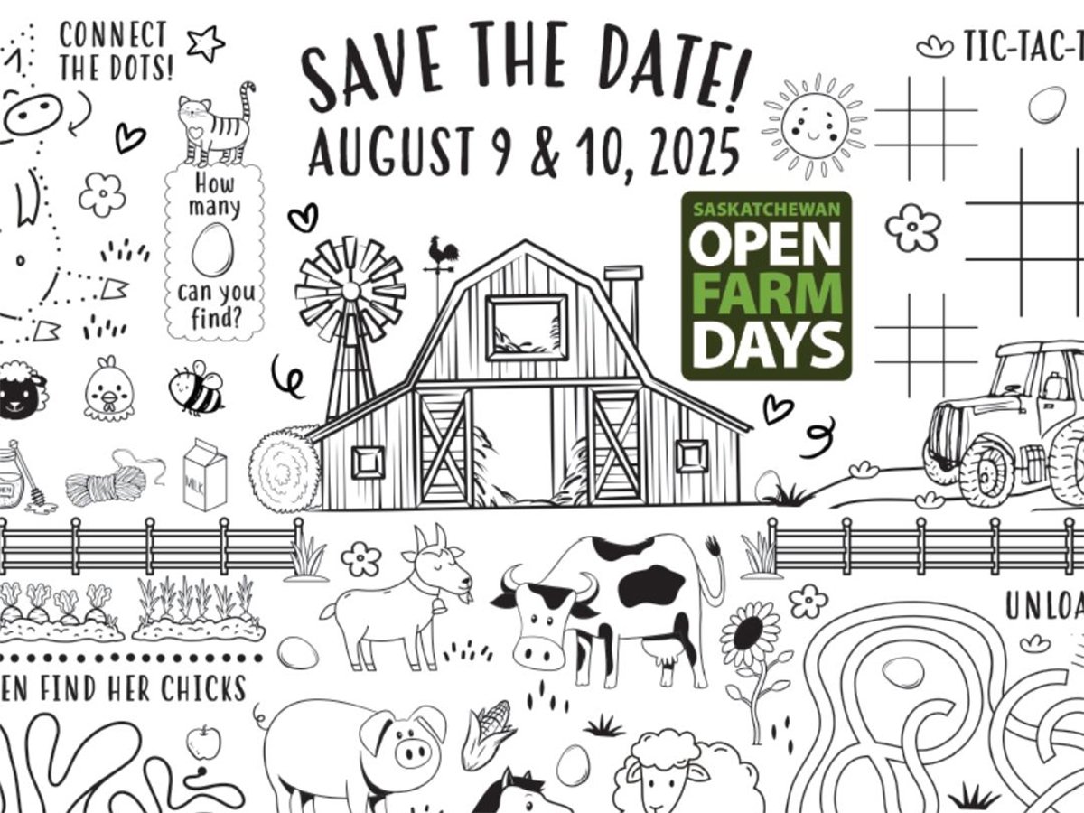 A promotional image for Saskatchewan Open Farm Days August 9 and 10, 2025, created in the form of a colouring book with a barn at the centre of the image with all kinds of animals and farm-related items surrounding it.
