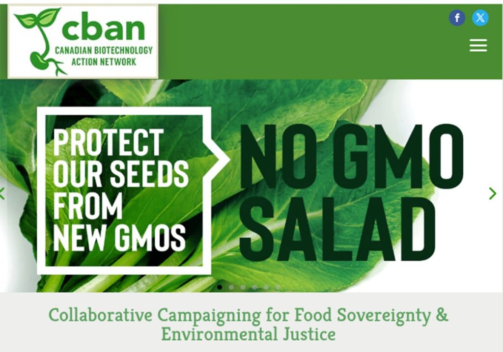 Screencap from the homepage of the Canadian Biotechnology Action Network with a large headline reading, 