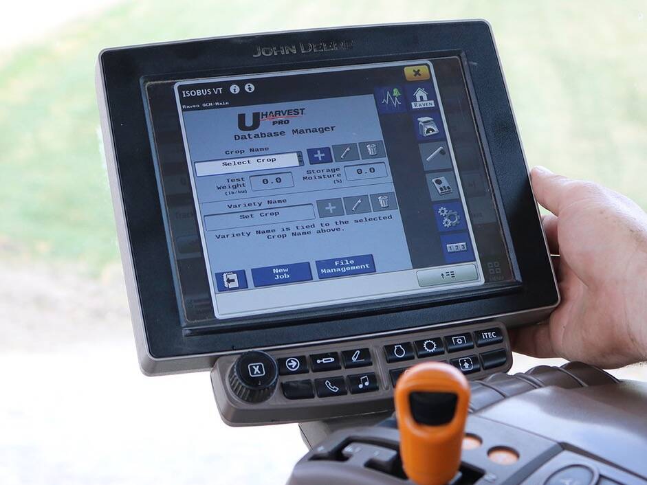 A cab-mounted digital control screen for the Unverferth 2520 grain cart.