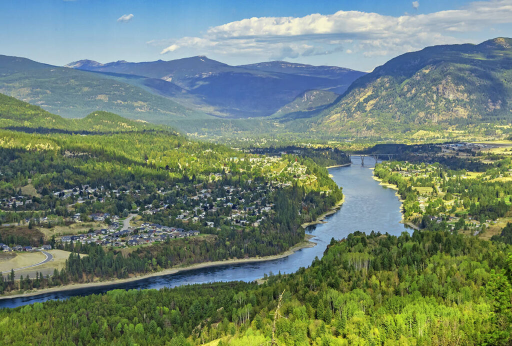 An aerial photo of Castlegar, at the confluence of the Columbia and Kootenay rivers along Highway 3 in southern British Columbia.
