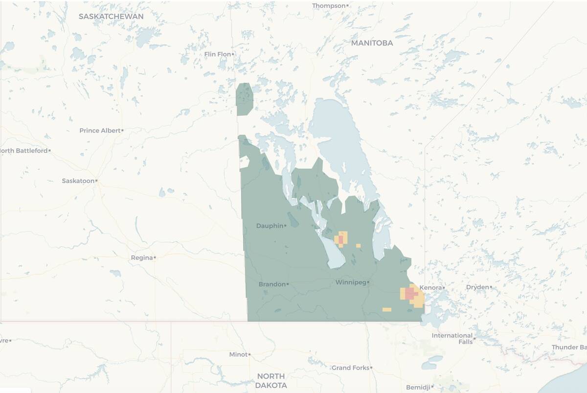 A map showing Manitoba’s fusarium head blight risk for AAC Brandon spring wheat on June 12, according to the Fusarium Head Blight Risk Mapping Tool.
