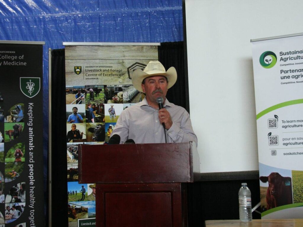 Saskatchewan Agriculture minister Daryl Harrison speaks at the Livestock and Forage Centre of Excellence