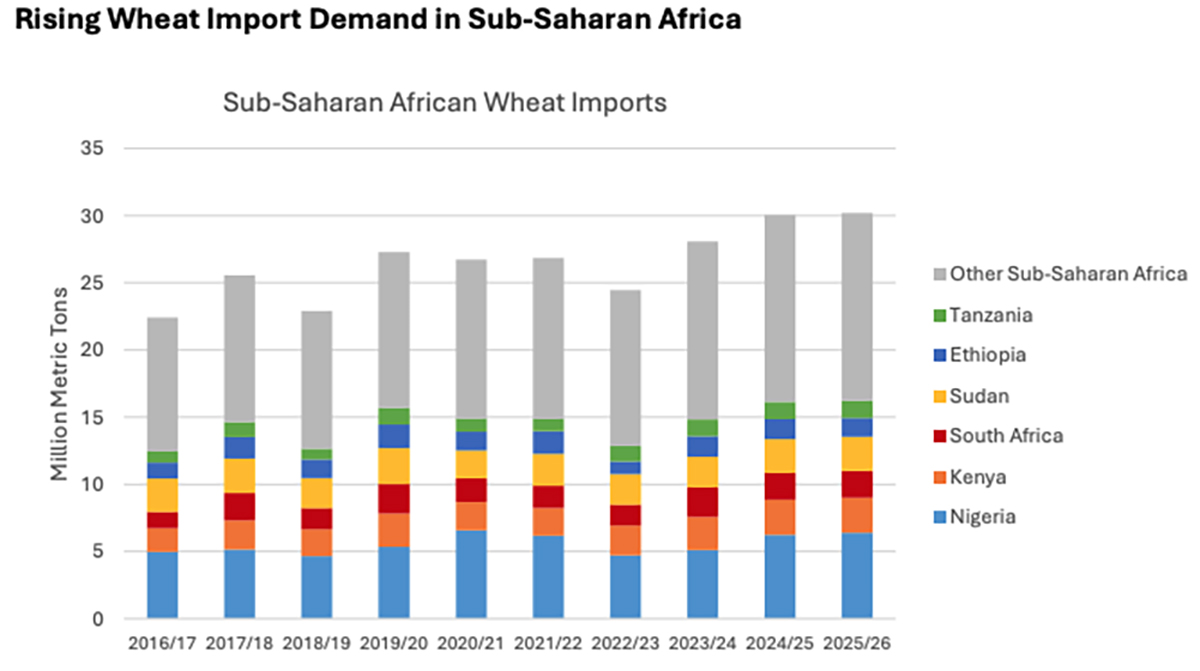 A bar graph showing rising wheat imports for countries in sub-Saharan Africa from 2016 to 2026.