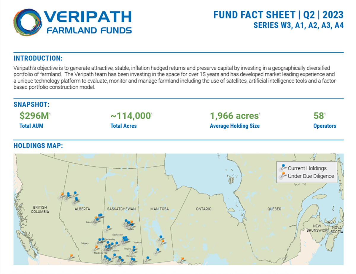 A map showing the land holdings of Veripath Partners, a Calgary-based investment fund, that owned 114,000 acres of land in western Canada in 2023.