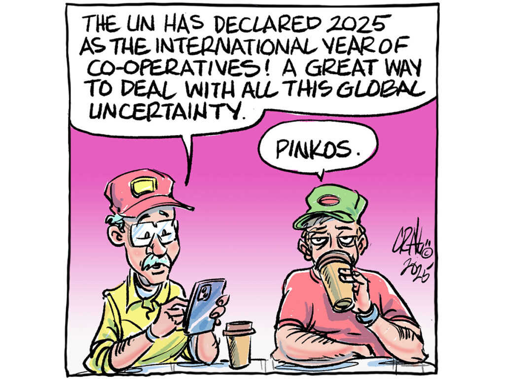 A cartoon showing two farmers talking about co-operatives over coffee, one suggesting, "it