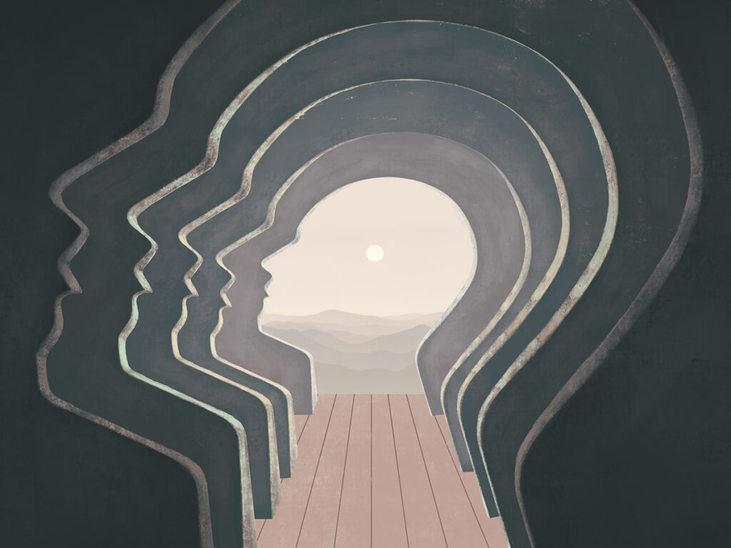 A stylized rendering of the outline of a bald man