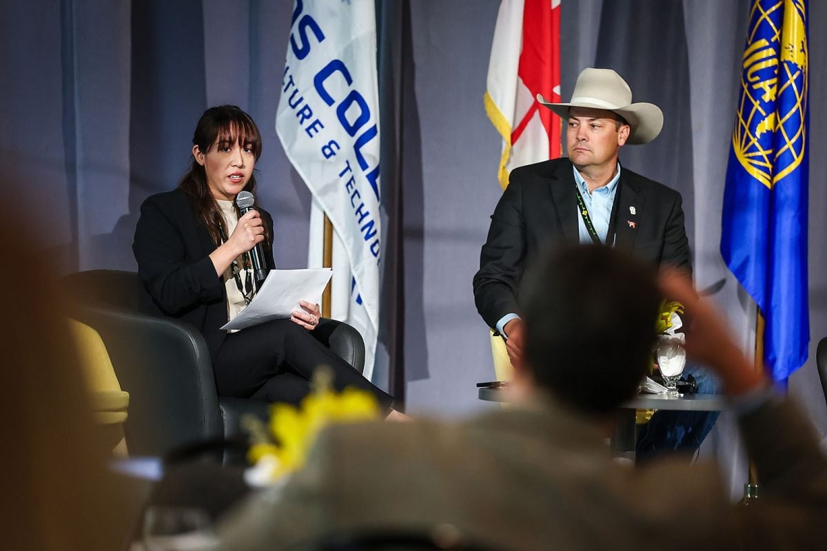 Vivian Argüelles, technical co-operation specialist with IICA and Ryan Beierbach, vice president of the Canadian Cattle Association, participate in a panel discussion at the 2025 Americas Agriculture and Food Security Forum at Olds College on June 17, 2025. Photo: IICA via X
