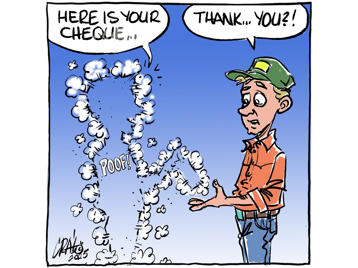 A cartoon depicting a farmer about to be handed a cheque by a figure whose outline is visible only in clouds with a 