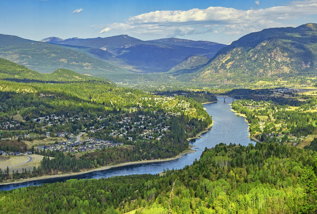 An aerial photo of Castlegar, at the confluence of the Columbia and Kootenay rivers along Highway 3 in southern British Columbia.