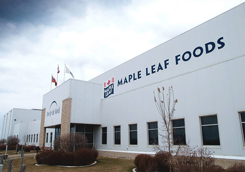 The exterior of the Maple Leaf Foods plant in Brandon, Manitoba.