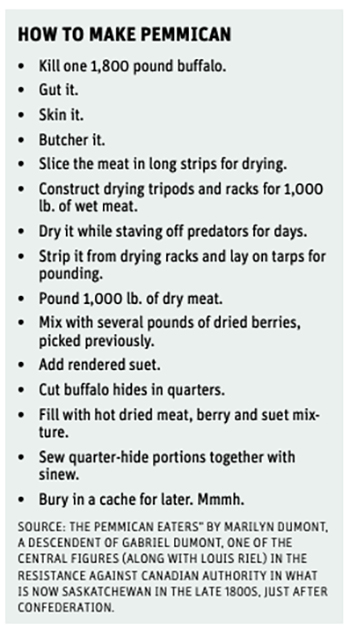 Steps on how to make pemmican, beginning with killing one 1,800 pound buffalo.