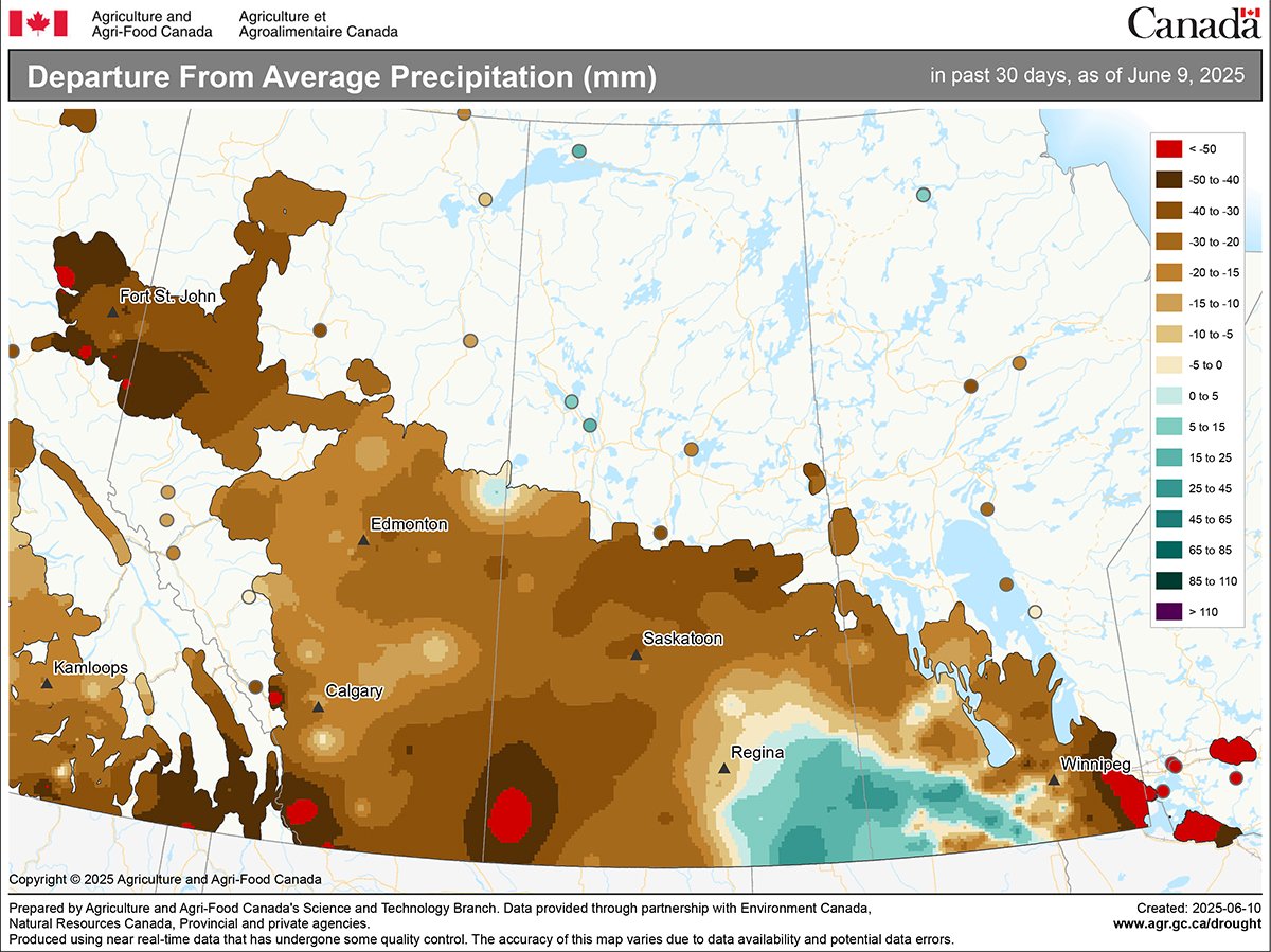 A map showing the departure from average precipitation shows most Prairie farmland is very dry.