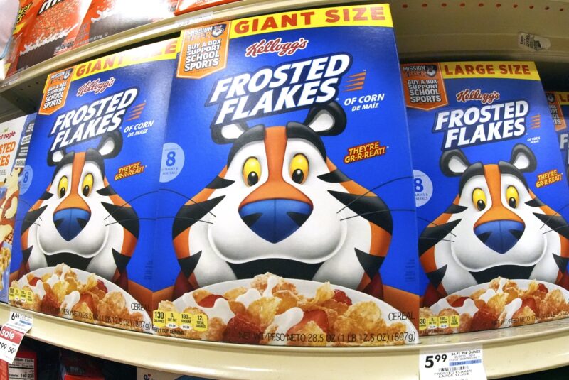 FILE - This is a shelf of Kellogg's Frosted Flakes cereal at a market in Homestead, Pa., on Monday, Feb. 24, 2025. (AP Photo/Gene J. Puskar, File)