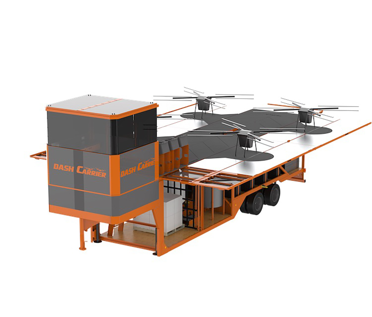 A graphic showing how drones would land on PhiBer's Dash Carrier trailer.
