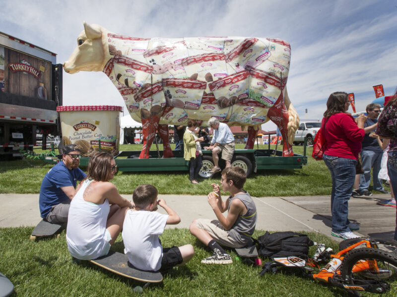 FILE - The giant Turkey Hill Cow looms over festival goers sampling ice cream at Taste of Omaha on May 31, 2015, in Omaha, Neb. (Kent Sievers/Omaha World-Herald via AP, FILE)