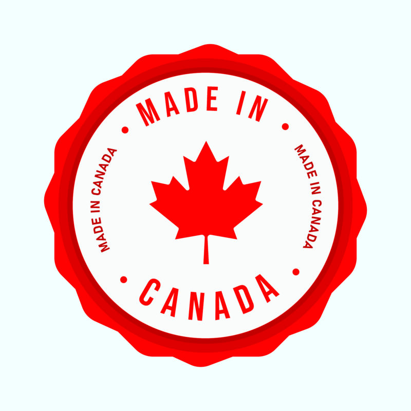 A red badge with a maple leaf in the centre, surrounded by the words "Made in Canada."