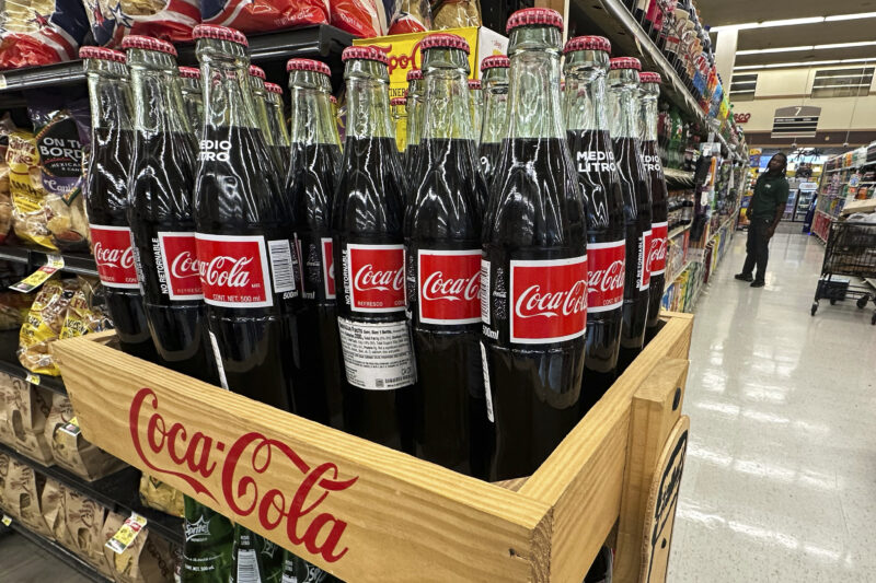 Bottles of Mexican Coca-Cola are displayed at a grocery store in Mount Prospect, Ill., Thursday, July 17, 2025. (AP Photo/Nam Y. Huh)