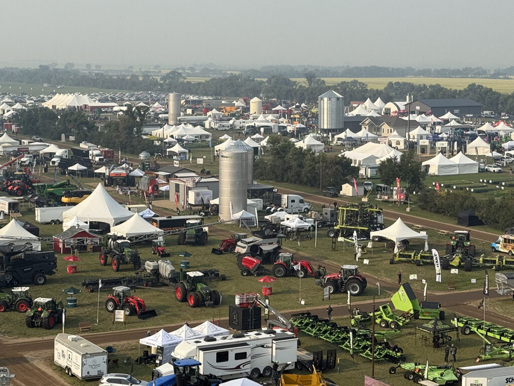 A view of the Ag in Motion show grounds looking southwest from high atop the AGI grain bins in the northeast corner of the show grounds.