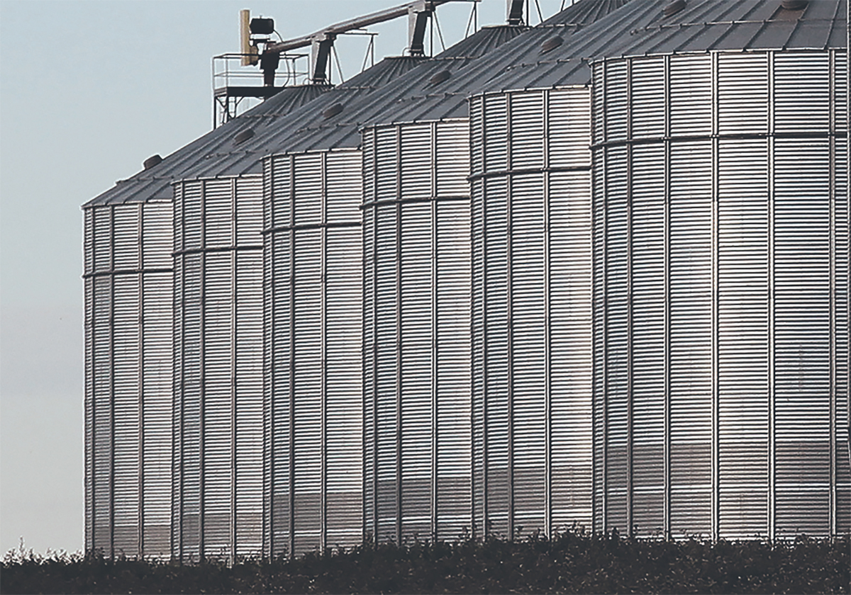 A row of six massive steel grain bins.