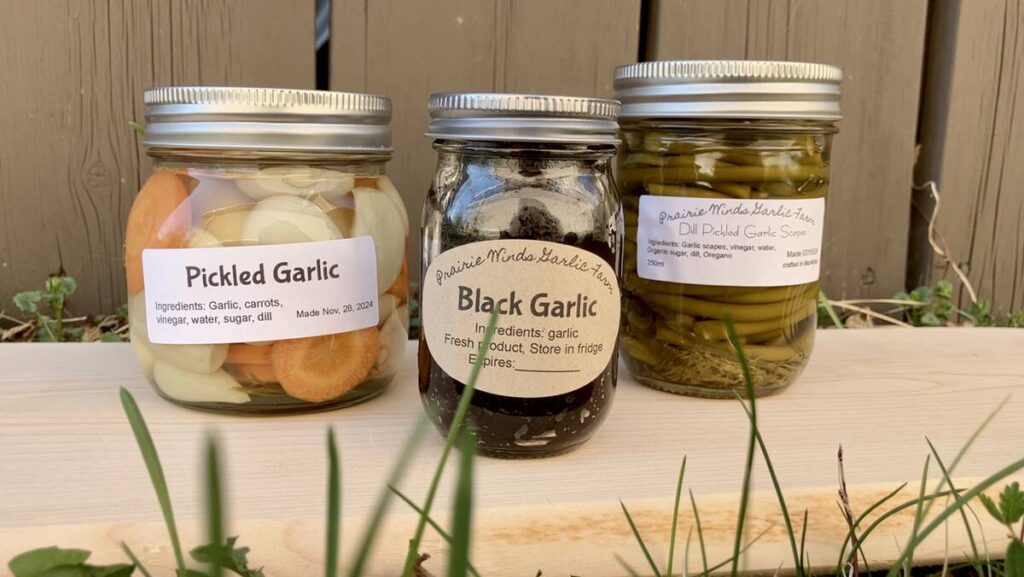 A few of the jarred product offerings that Rebekah Sandford sells from Prairie Winds Garlic Farm. Photo: