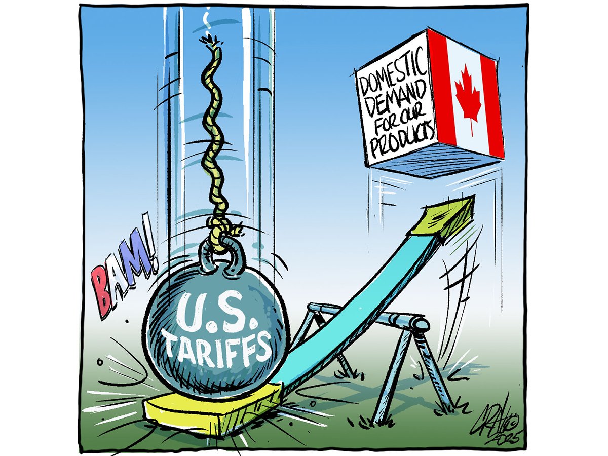 An editorial cartoon showing a teeter totter with one end being smashed to the ground under a wrecking ball with 