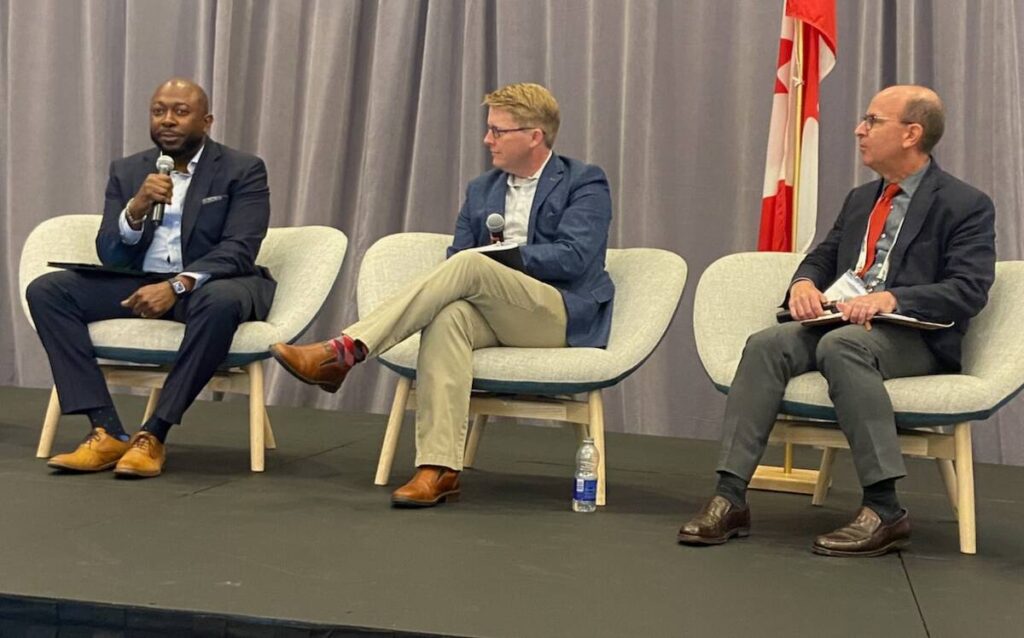 The trade and politics panel at Seeds Canada&rsquo;s annual conference included Karis Gutter, left, of Corteva Agriscience, Tyler McCann of the Canadian Agri-Food Policy Institute and Michael Harvey, of the Canadian Agri-Food Trade Alliance. 