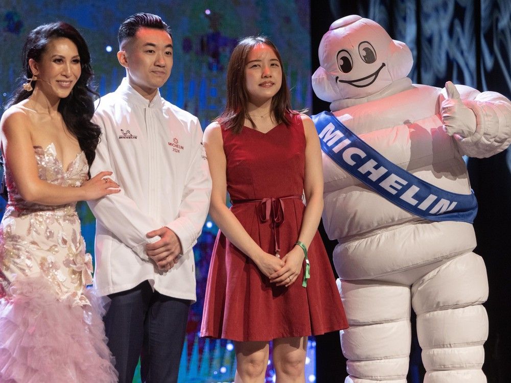 Yoji Masuda of Sushi Masuda (centre-left) won best restaurant at the Michelin Stars event at the Commodore Ballroom in Vancouver, BC, October 3, 2024.