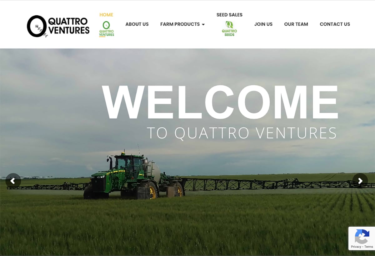 A screencap of the Quattro Ventures homepage showing s high clearance sprayer at work in a field with the words, 