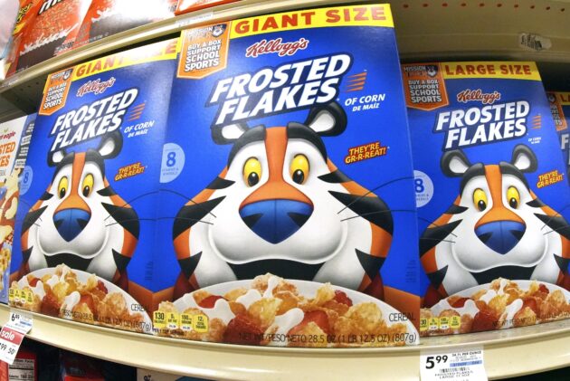 FILE - This is a shelf of Kellogg's Frosted Flakes cereal at a market in Homestead, Pa., on Monday, Feb. 24, 2025. (AP Photo/Gene J. Puskar, File)
