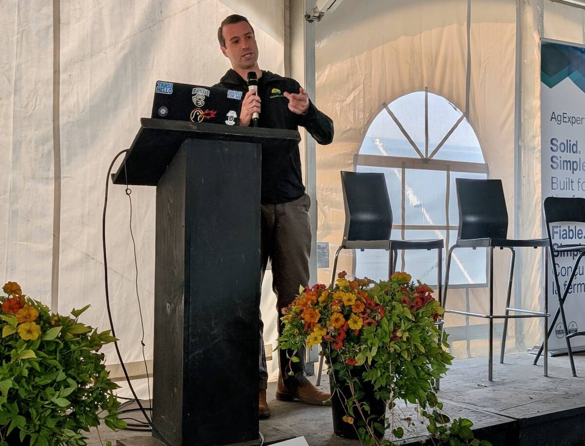 Keith Busch delivers a pitch for fertilizer purchasing platform ClearCost Ag at Ag In Motion 2025. Photo: Jonah Grignon