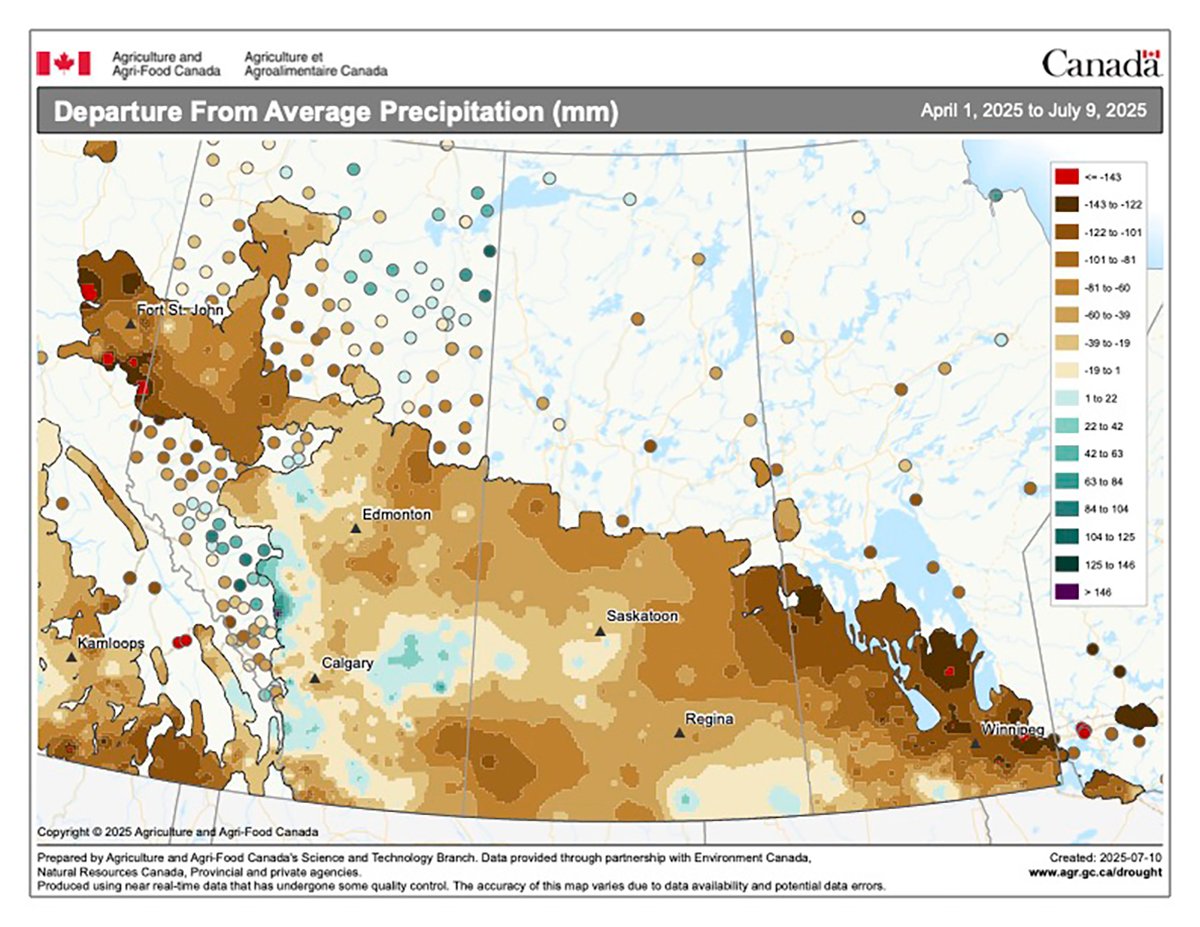 A map showing the departure from average precipitation in western Canada between April 1 and July 9, 2025.