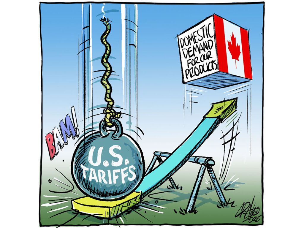 An editorial cartoon showing a teeter totter with one end being smashed to the ground under a wrecking ball with 