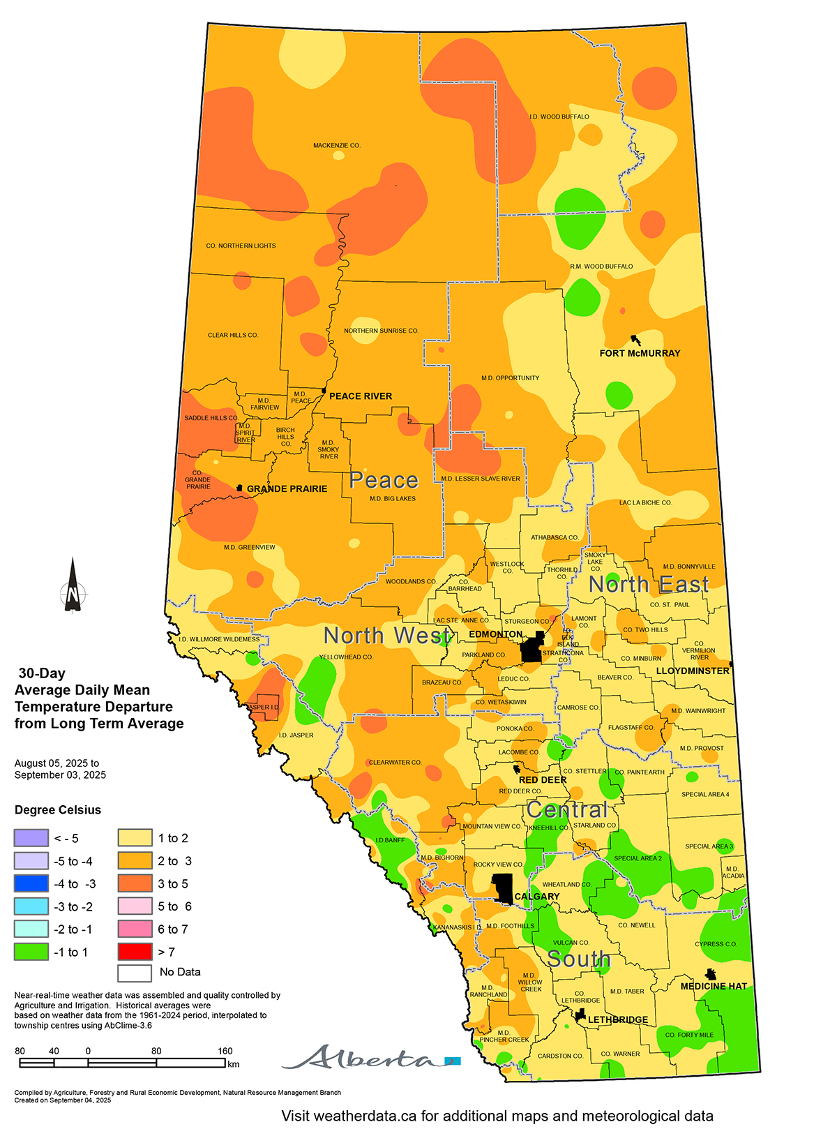 A map showing the 30-day departure from the daily mean temperature across Alberta as of September 3, 2025.