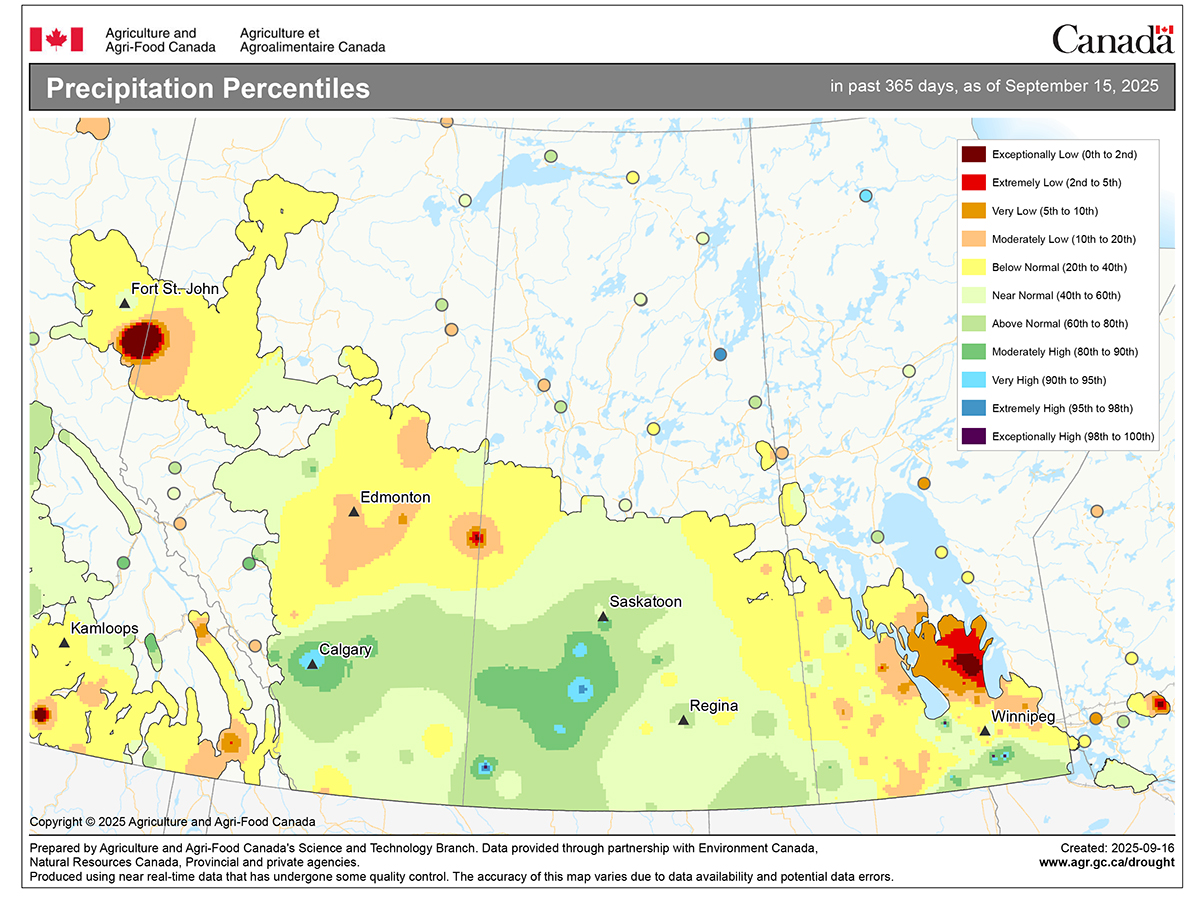 An Agriculture and Agri-Food Canada map showing the amount of precipitation that has fallen across the Prairies over the last 365 days as a percentile.
