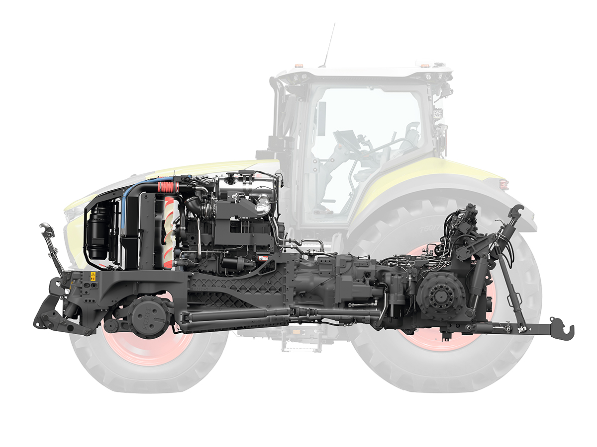 An image of the drive train components of a tractor with the cab and other unrelated parts of the tractor faded out.