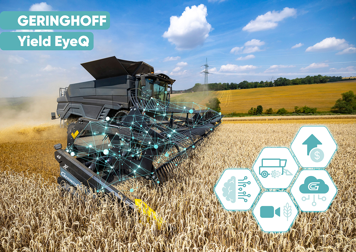 A promotional image of a combine with a "Geringhoff" label on the side of its header working in a crop.