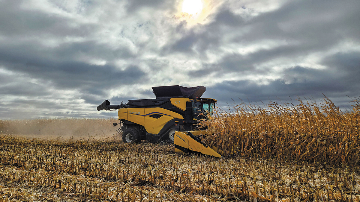 A New Holland yellow combine cuts through a corn crop under a mostly cloudy sky, with the sun struggling through above.