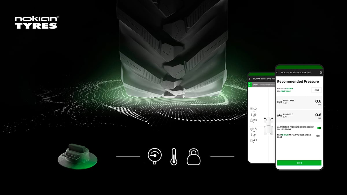 A promotional graphic for Nokian’s Intuitu Smart Pressure Assistant featuring a large agricultural tire and couple screen captures of an app on a smart phone.