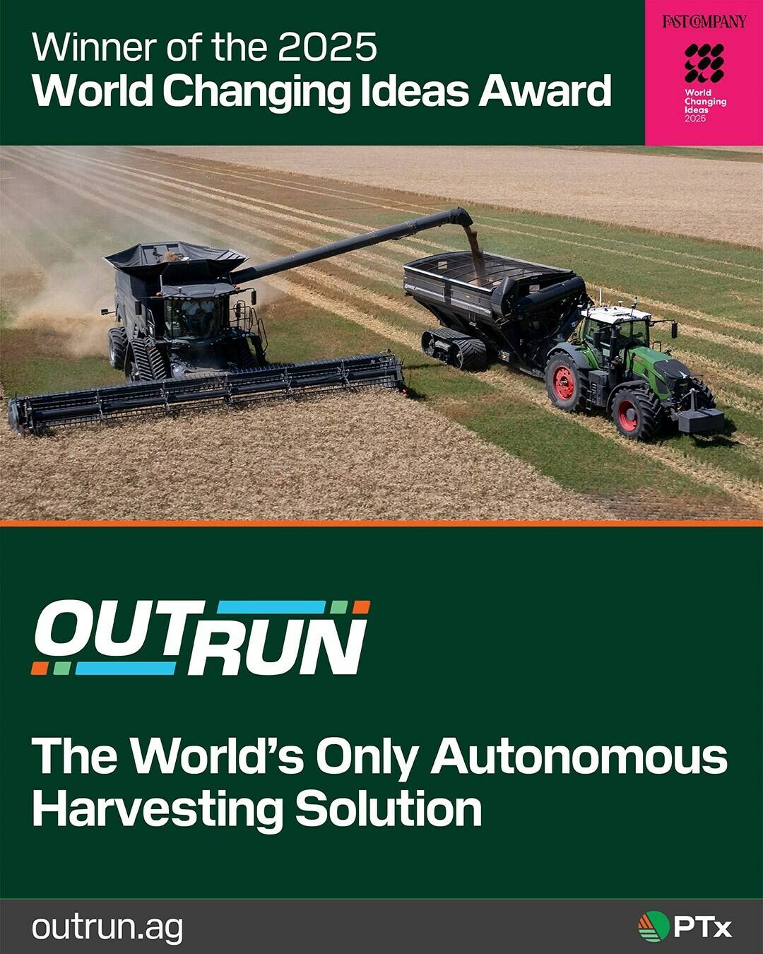A promotional poster for OutRun, from Agco's PTx Trimble brand, that won a 2025 World Changing Ideas award from Fast Company.