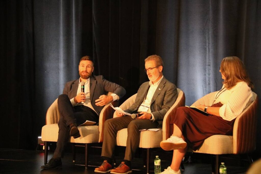 A panel that concluded AgriFood 2050 included Michael Keegan, of MIchael Keegan and Associates, University of Guelph President Rene Van Acker and Dana McCauley of the Canadian Food Innovation Network. Photo: John Greig