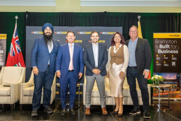 Regional councillor Gurpartap Singh Toor, Brampton City Mayor Patrick Brown, Brad Bida, partner, MNP, Kiran Mann, CEO, Brar’s, and Ashley Kanary, director, Global Agri-Food at Export Development Canada. Credit: City of Brampton