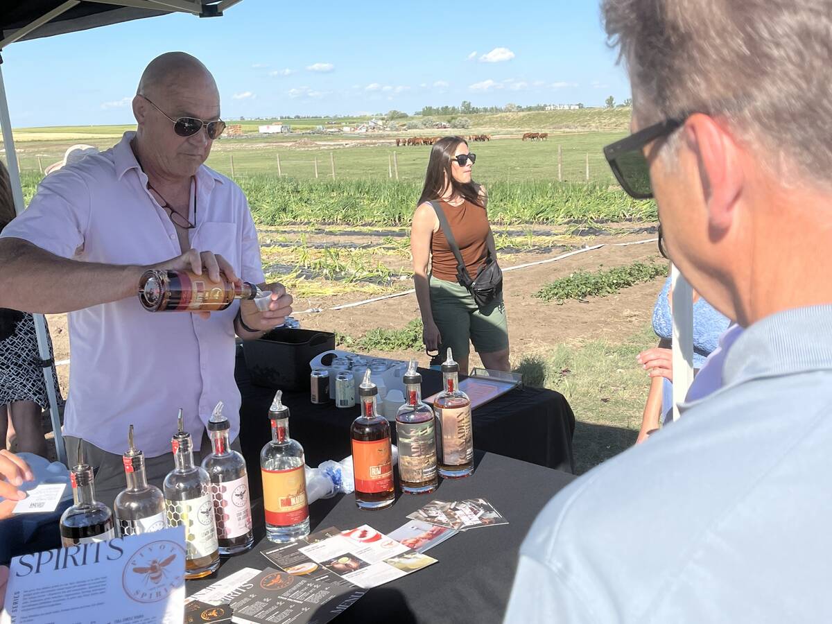 A bald man wearing sunglasses stands under a tent at a table displaying nine bottles of the spirits he's created as he pours a sample for a man waiting to try it.