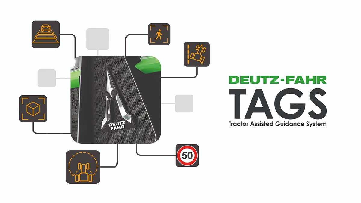 A promotional graphic for the Deutz-Fahr Tractor Assisted Guidance System with a Deutz-Fahr badge in the centre and a variety of automotive "caution" lights like those found on a vehicle's dash surrounding it.