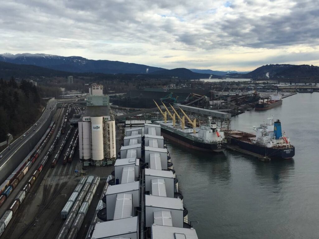 A photo of one of the docks and grain ship loading facilities.