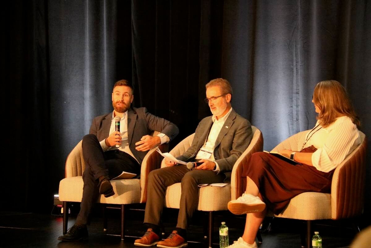 A panel that concluded AgriFood 2050 included Michael Keegan, of MIchael Keegan and Associates, University of Guelph President Rene Van Acker and Dana McCauley of the Canadian Food Innovation Network. Photo: John Greig
