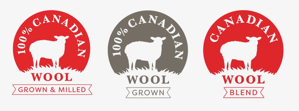 A graphic with three logos each featuring ing the silhouette of a sheep denoting different levels of Canadian wool production under the Canadian Wool Collective's domestic-made certification program.