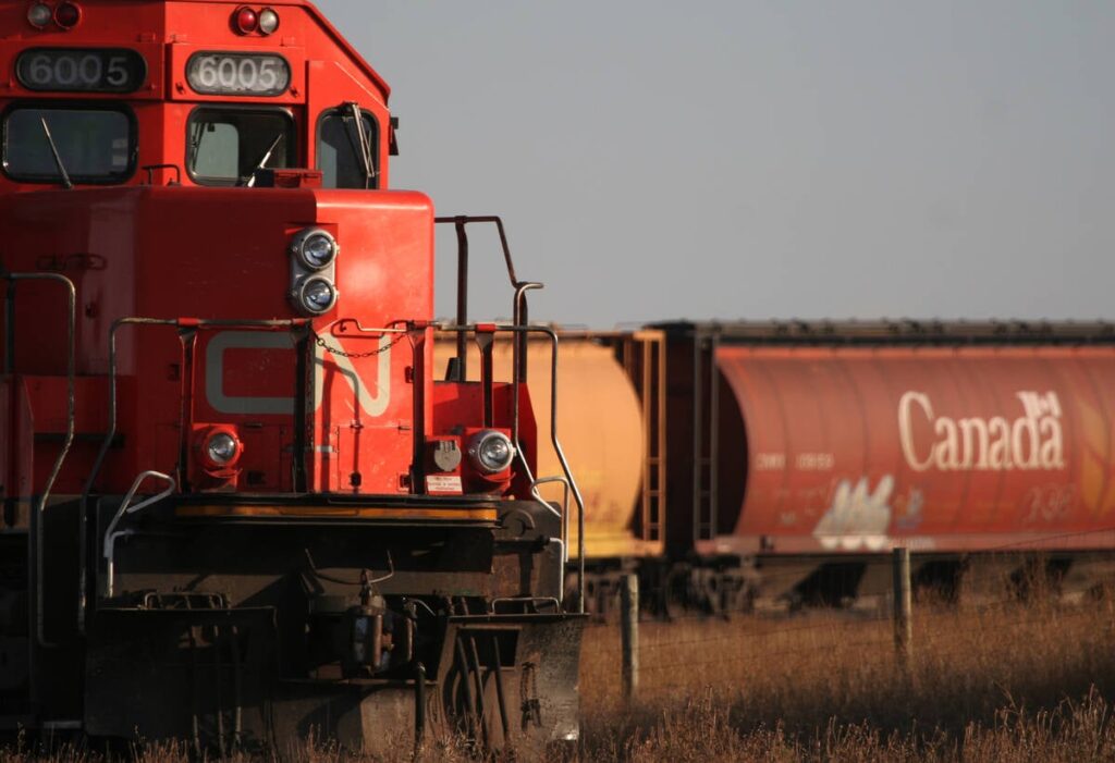 Photo of a CN grain train rounding a curve with the engine close in the foreground and the grain cars visible in the background.